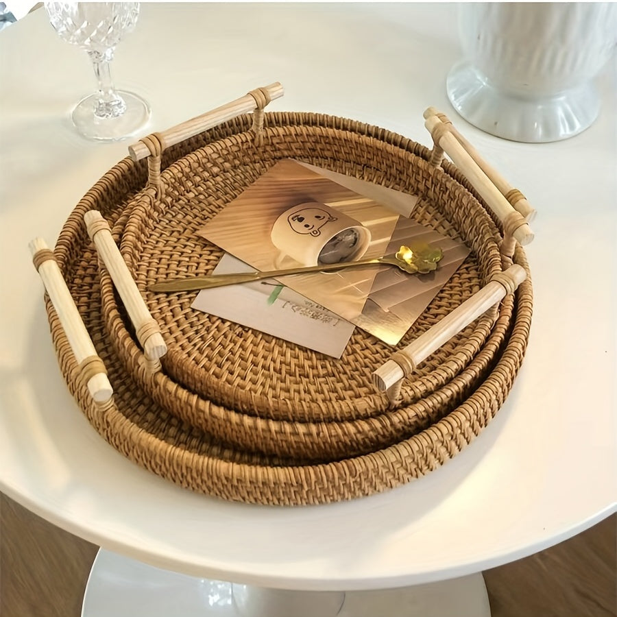 Handgefertigtes Rattan-Tablett ab 22cm in drei Größen – Rundes Doppelohriges Tablett mit geölter Oberfläche - Naturkreis