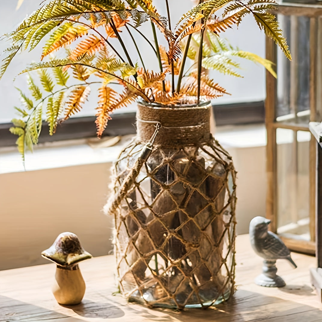 Außergewöhnlich hübsche Boho Vintage Vase im Fischernetz-Seil-Mantel – Handgefertigte Flaschenvase aus transparentem Glas mit kreativem Seil- & Netzdesign in Rautenstruktur - Knotted Charm