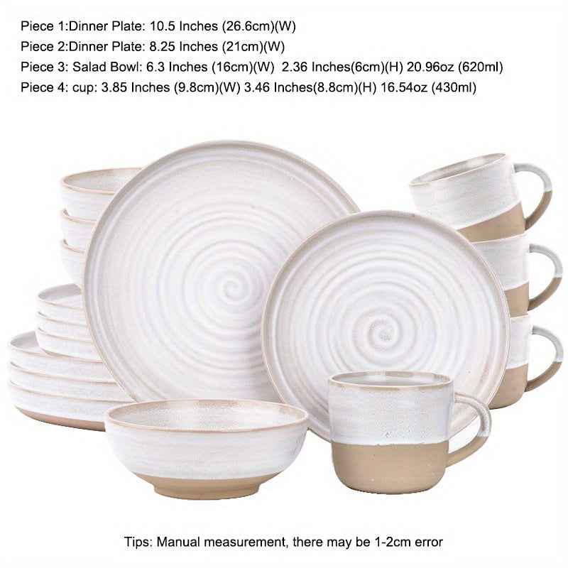 16-teiliges Boho Keramik Geschirr Set - Bohemian Keramik in beige - Boho Style für Deinen Tisch für 4 Personen, sandfarbene Töne für ein tolles mediteranes Essen