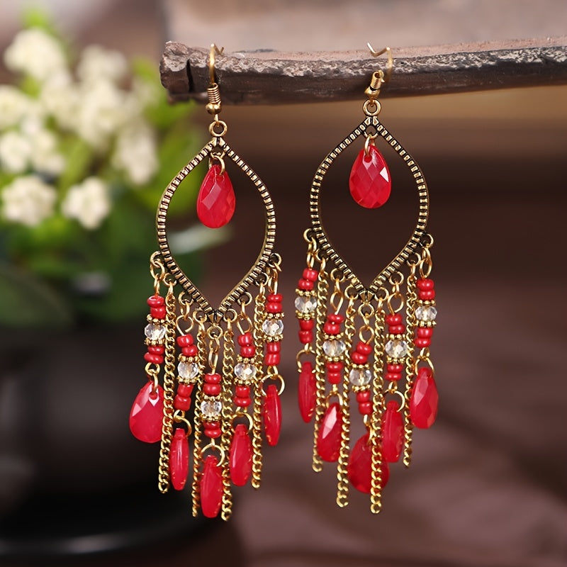 Tropfenförmige Damen Boho Vintage Ohrringe mit Kristallperlen – 9,6cm lang - Eleganz für Alltag & Urlaub