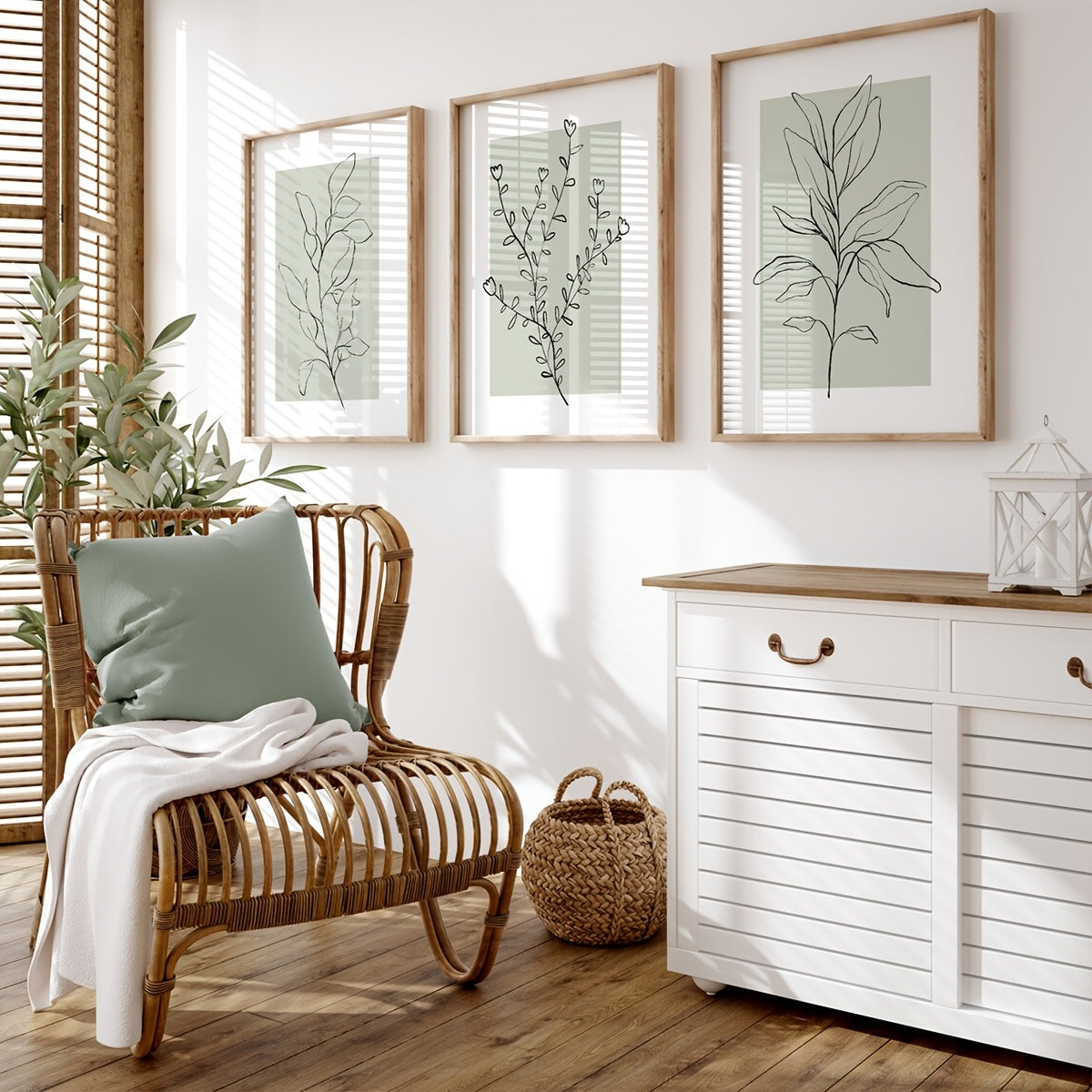 3er-Set Boho Poster mit Blumen auf salbei -Leinwanddruck „Sage Harmony“ – rahmenlose Leinwandkunst mit floralen Linienzeichnungen in Salbeigrün & Weiß