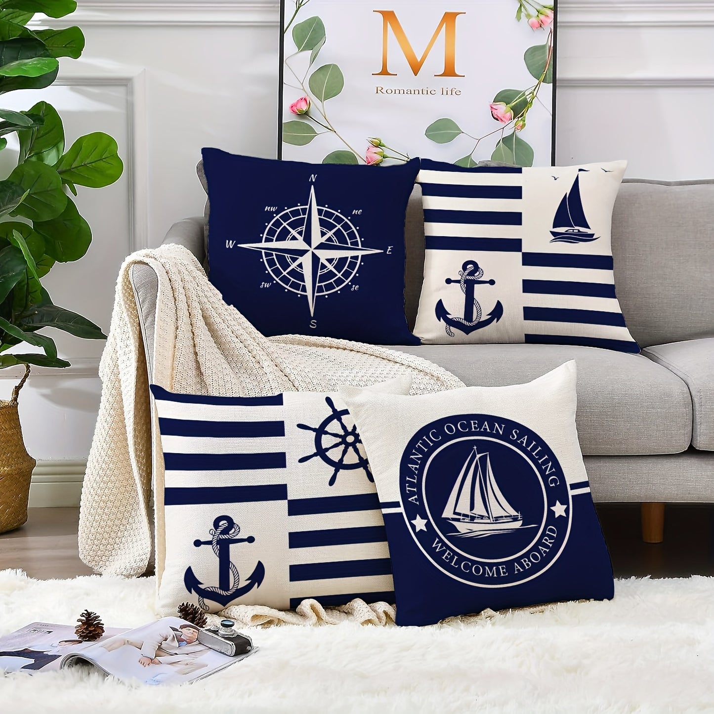 4er-Set nautische Kissenbezüge für maritime Sommerdeko in Blau, Weiß & Rot für Zuhause oder Boot - 45x45 cm - 100 % Polyester
