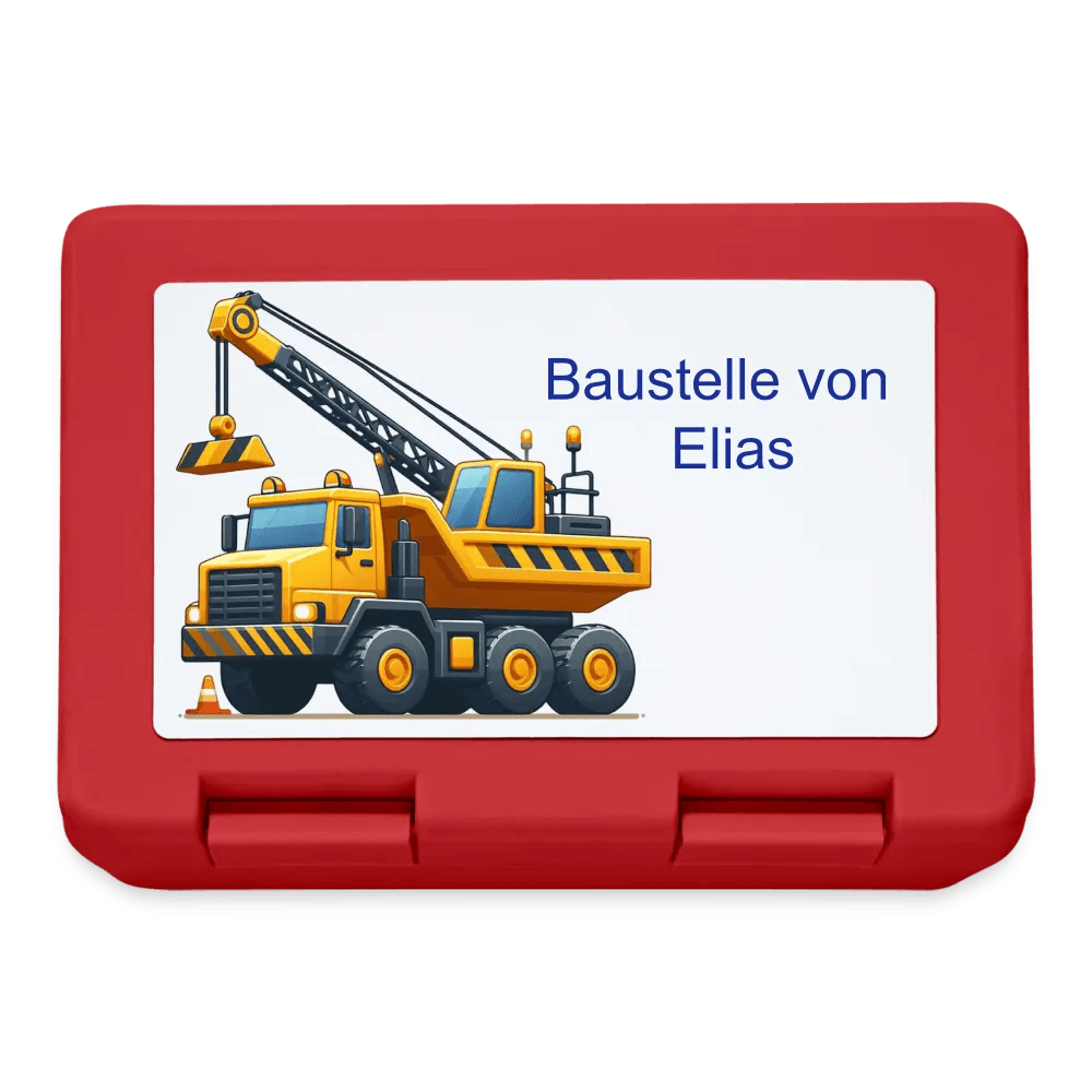 happy-prints.eu - Personalisierte Brotdose in blau mit Baustellenfahrzeuge - Jungen Jausendose - Name und Motiv kann geändert werden