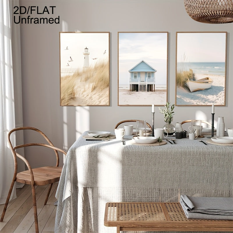 3er-Set Leinwand-Posterdruck für maritime Sommerträume – Rahmenloser Posterdruck mit Leuchtturm, Strandhaus & Boot in sanften Farben
