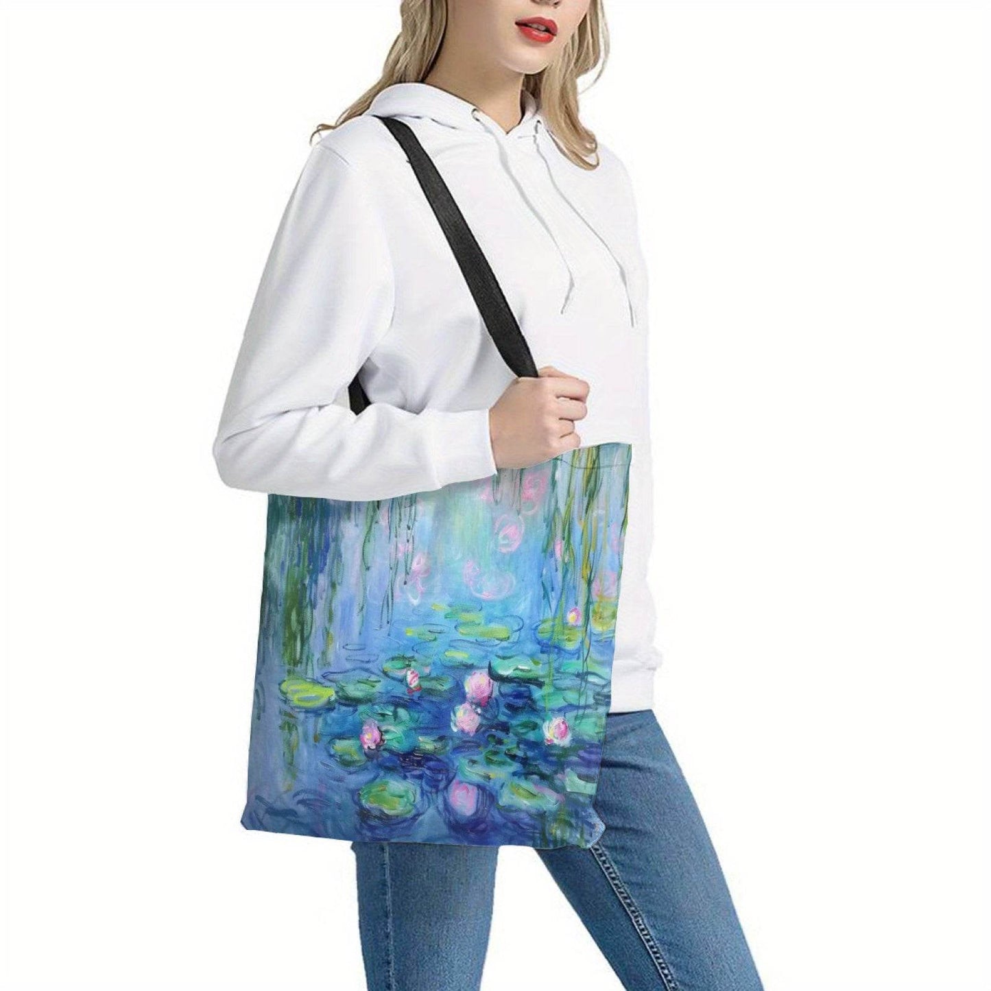 happy-prints.eu - Kunstvolle Seerosen Polyester Tragetasche – strapazierfähige Einkaufstasche mit großem Fassungsvermögen & robusten schwarzen Griffen
