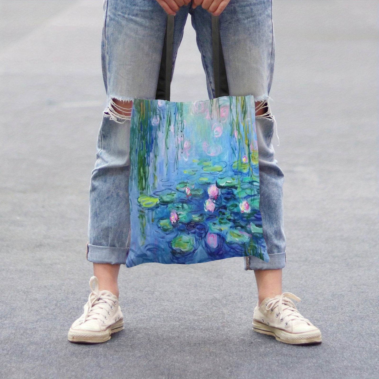 happy-prints.eu - Kunstvolle Seerosen Polyester Tragetasche – strapazierfähige Einkaufstasche mit großem Fassungsvermögen & robusten schwarzen Griffen