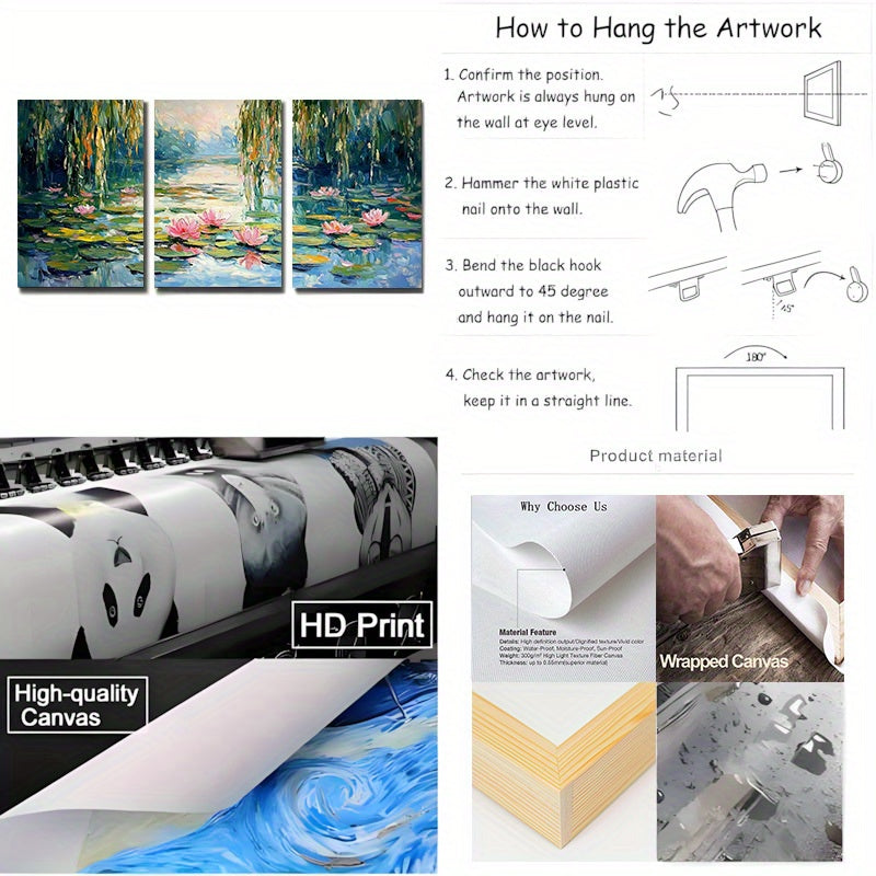 3-teiliges Seerosen- und Trauerweiden-Aquarellbild – gerahmte Leinwand-Wandkunst mit je 30x40 cm