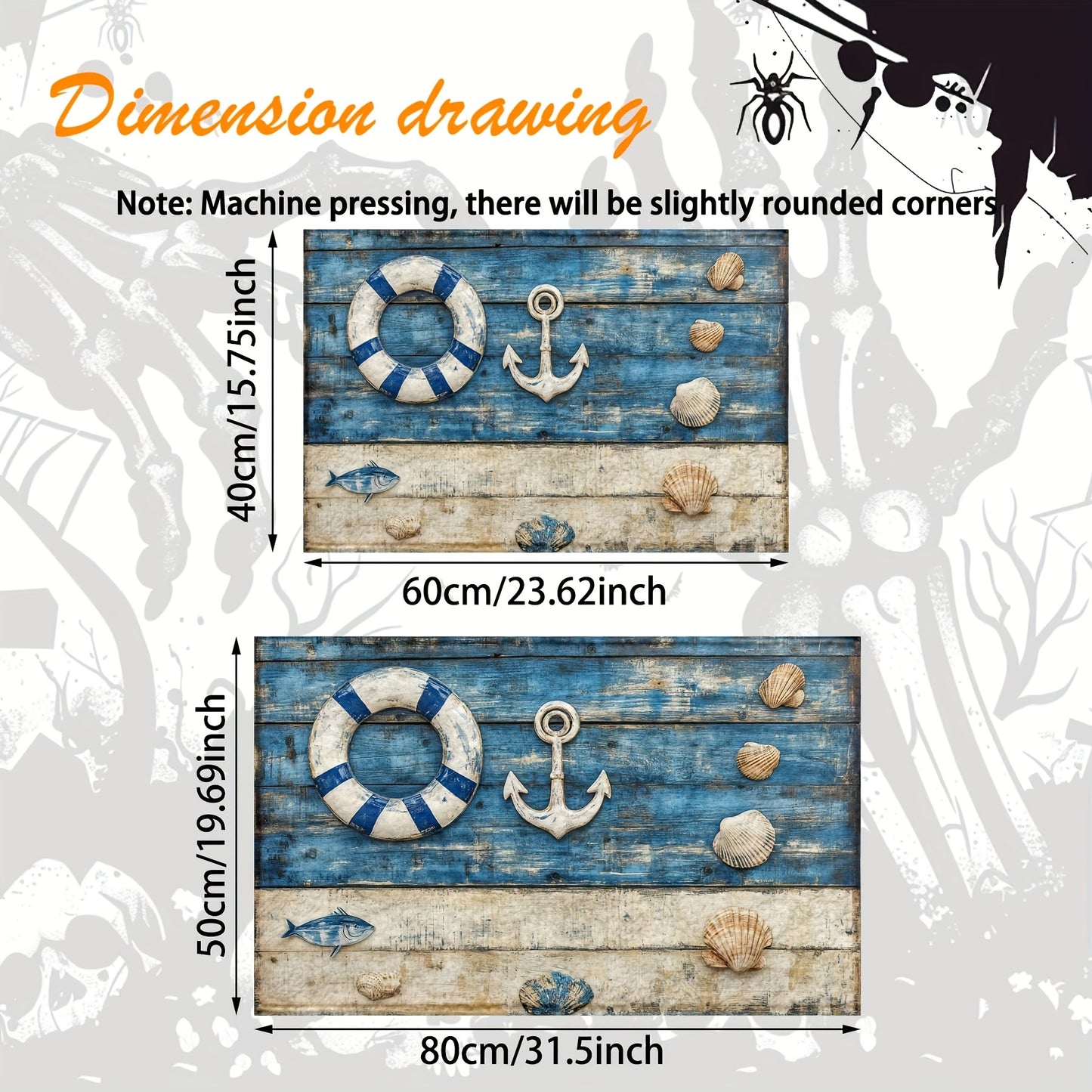 Rechteckige maritime Fußmatte in Blau-Beige mit Anker, Muscheln, Rettungsring und Fische auf Holz-Optik – Flauschiger Teppich mit nautischen Motiven, maschinenwaschbar & strapazierfähig