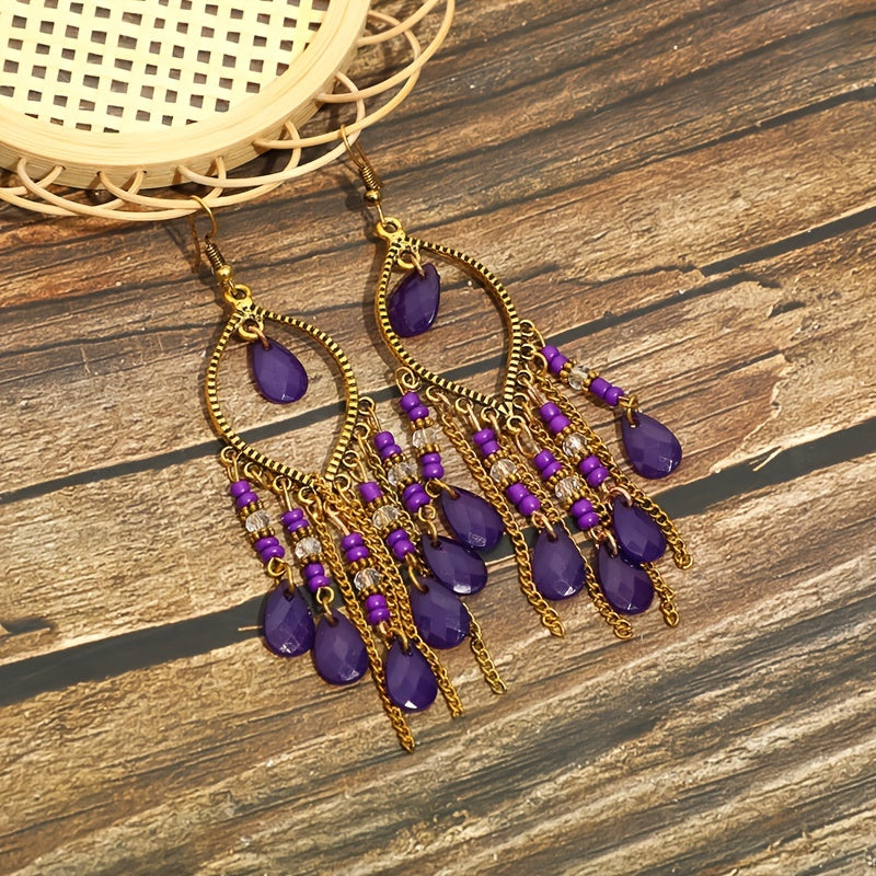 Tropfenförmige Damen Boho Vintage Ohrringe mit Kristallperlen – 9,6cm lang - Eleganz für Alltag & Urlaub