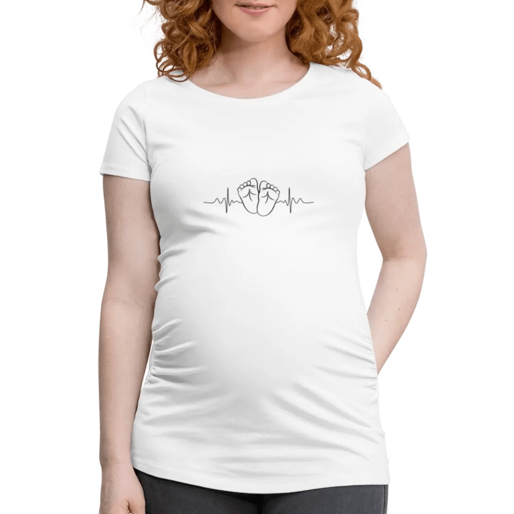 happy-prints.eu - Personalisiertes weißes Schwangerschafts-T-Shirt für Frauen mit Babyfüßchen und Herzschlag - Print Shirts für werdende Mama - Motiv und Text individualisierbar - auch in großen Größen für jede Mutter