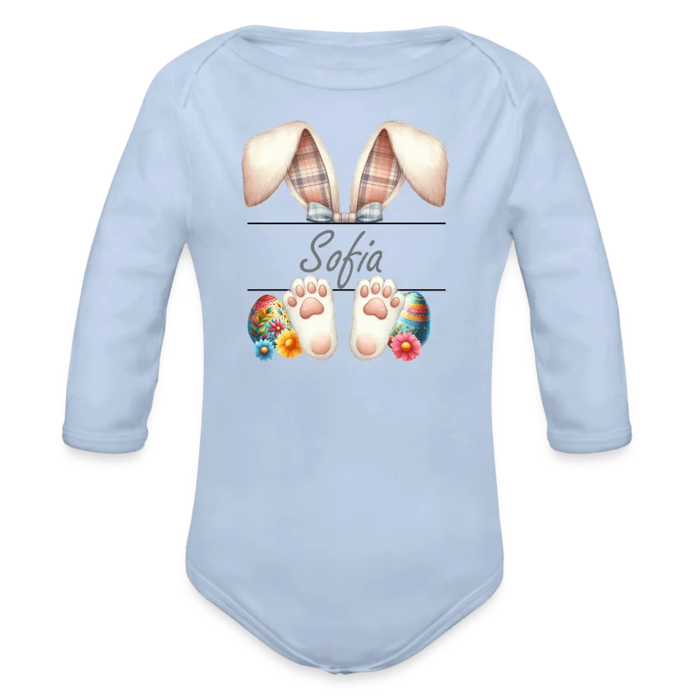 happy-prints.eu - Personalisierter Baby Bio-Langarm-Body für Ostern - Frohe Ostern Body mit Osterhasen Ohren, Ostereier und Name - niedlicher Print für Mädchen - Name, Motiv und Produkt sind leicht änderbar - in vielen Farben und Größen bis Größe 80 bzw. 12 Monate