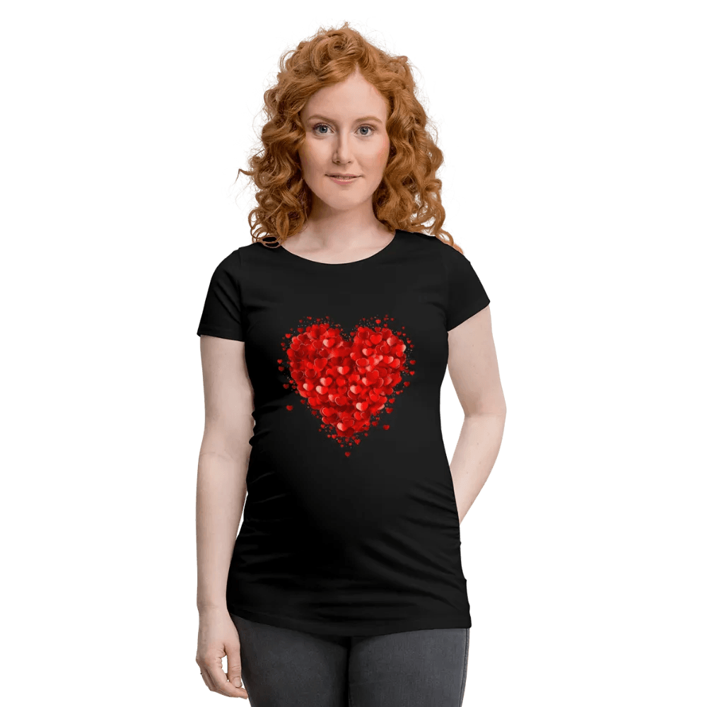happy-prints.eu - Personalisiertes weißes Schwangerschafts-T-Shirt mit großem roten Herz - Print Motiv und Text änderbar - Damen Shirt zum Valentinstag - auch in großen Größen