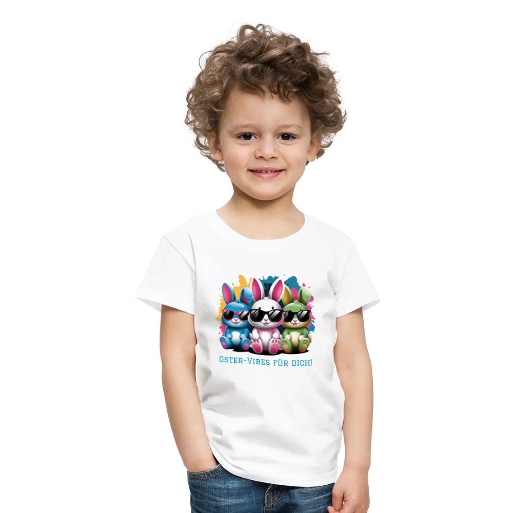 Personalisiertes Frohe Ostern Kinder T-Shirt mit Osterhasen mit Sonnenbrille und Spruch "Oster-Vibes für Dich" - Motiv, Produkt, Text und eigene Bilder easy anpassbar - viele Farben und Größen (bis Größe 140 bzw. 8 Jahre) -