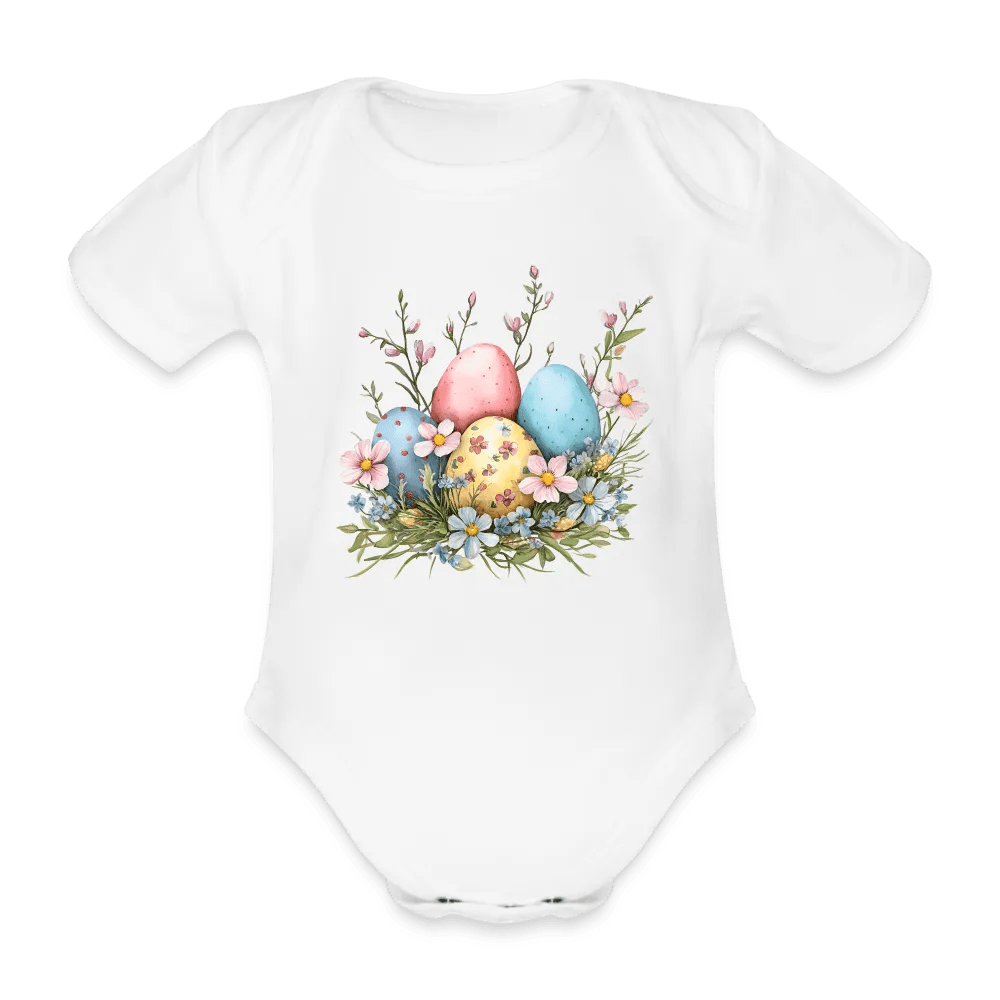 happy-prints.eu - Personalisierter Baby Bio-Kurzarm-Body für Mädchen mit Osternest mit Ostereier und Blumen - Babybody für Ostern - in vielen Farben und Größen - Motiv und Text individualisierbar