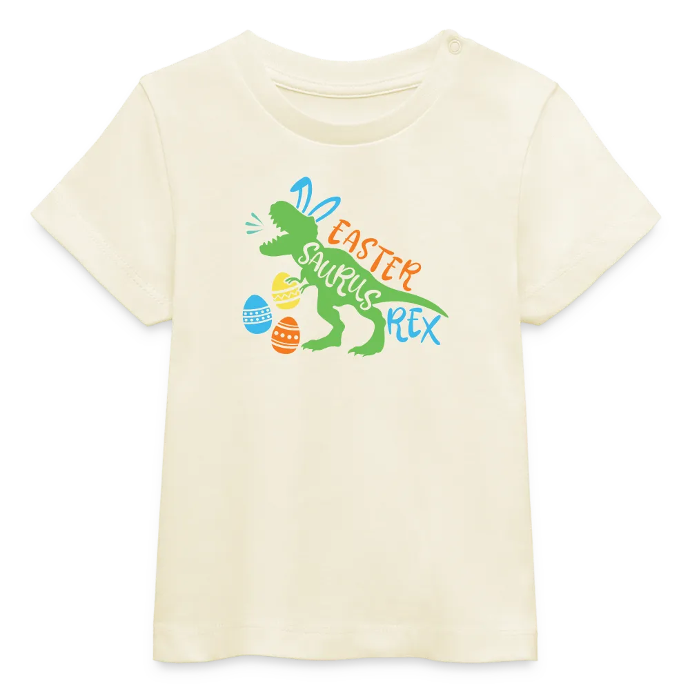 Baby Bio-T-Shirt mit Dinosaurier, Ostereier und Osterhasen Ohren - Jungen Shirt für Ostern mit Spruch "Easter Saurus Rex" - Motiv, Text, Farbe und Produkt einfach änderbar - Naturweiß