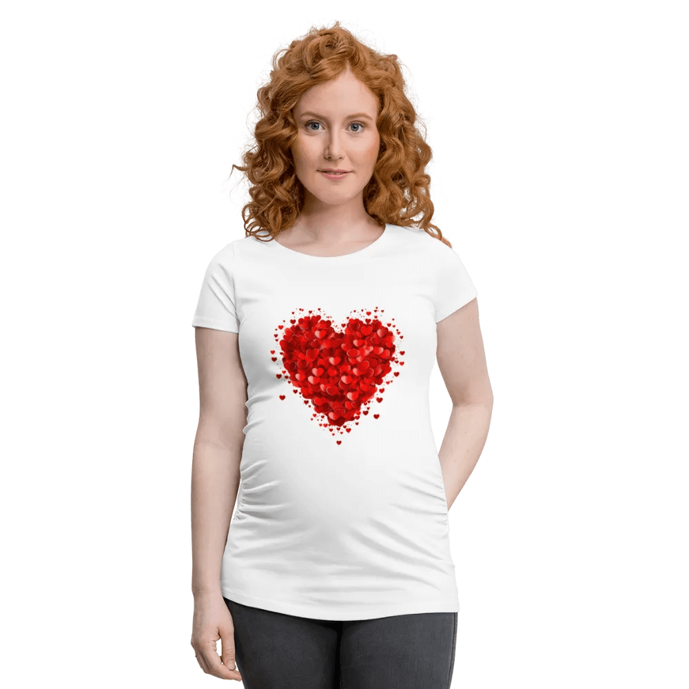 happy-prints.eu - Personalisiertes weißes Schwangerschafts-T-Shirt mit großem roten Herz - Print Motiv und Text änderbar - Damen Shirt zum Valentinstag - auch in großen Größen