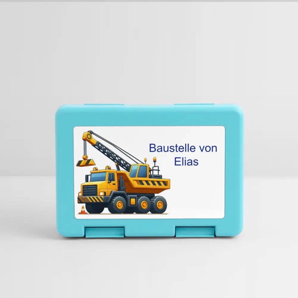 happy-prints.eu - Personalisierte Brotdose in blau mit Baustellenfahrzeuge - Jungen Jausendose - Name und Motiv kann geändert werden