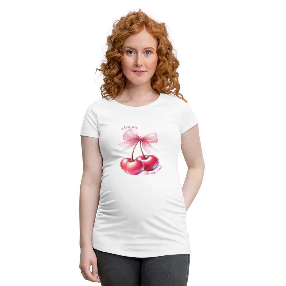 Personalisiertes weißes Schwangerschafts-T-Shirt mit rosa Kirschen und "I love you - Cherry much" - Print Motiv und Text änderbar - Damen Shirt zum Valentinstag - auch in großen Größen -