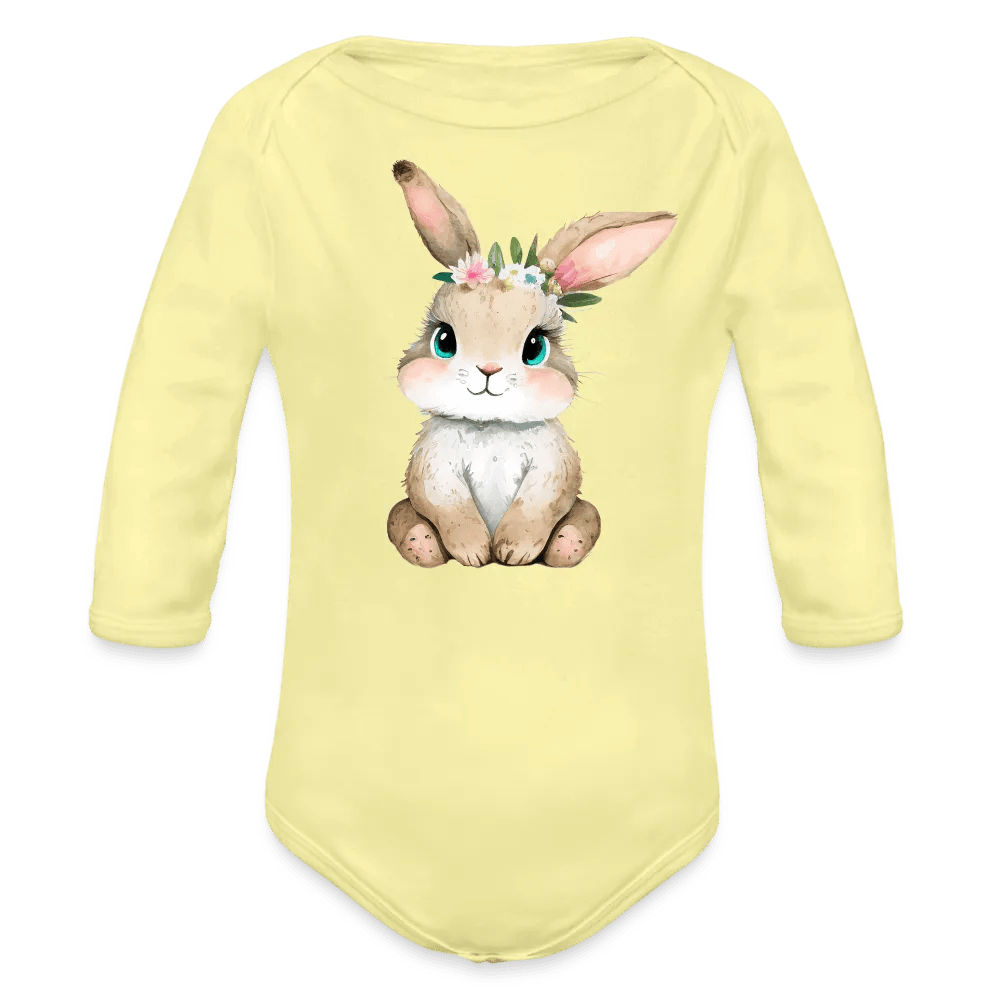 happy-prints.eu - Personalisierter Baby Bio-Langarm-Body für Ostern - niedlicher Bunny Body mit Mädchen Osterhase und Blumen - Motiv, Produkt, Text und eigenes Foto ist easy änderbar - in vielen Farben und Größen bis Größe 80 bzw. 12 Monate