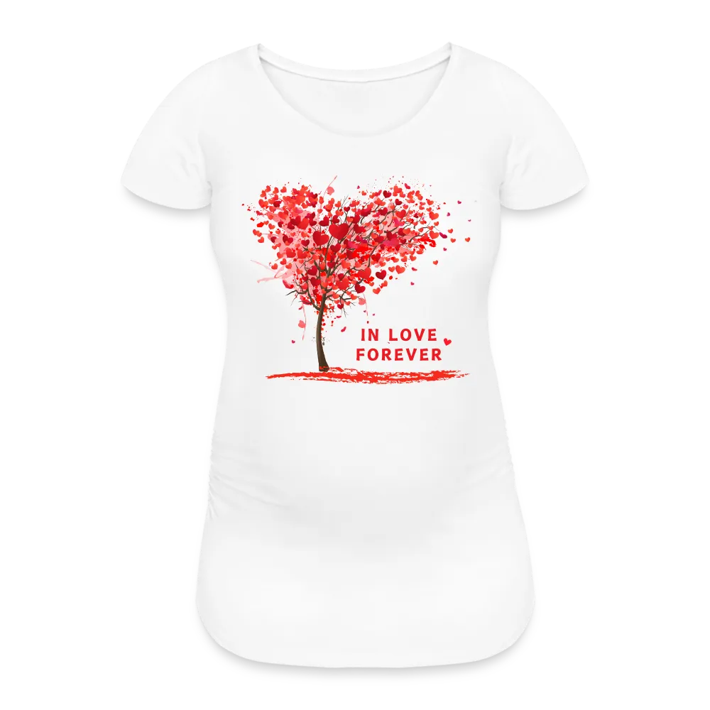 Personalisiertes weißes Schwangerschafts-T-Shirt mit roten Herz Baum und Spruch "In Love Forever" - Print Motiv und Text änderbar - Damen Shirt zum Valentinstag - auch in großen Größen - Weiß