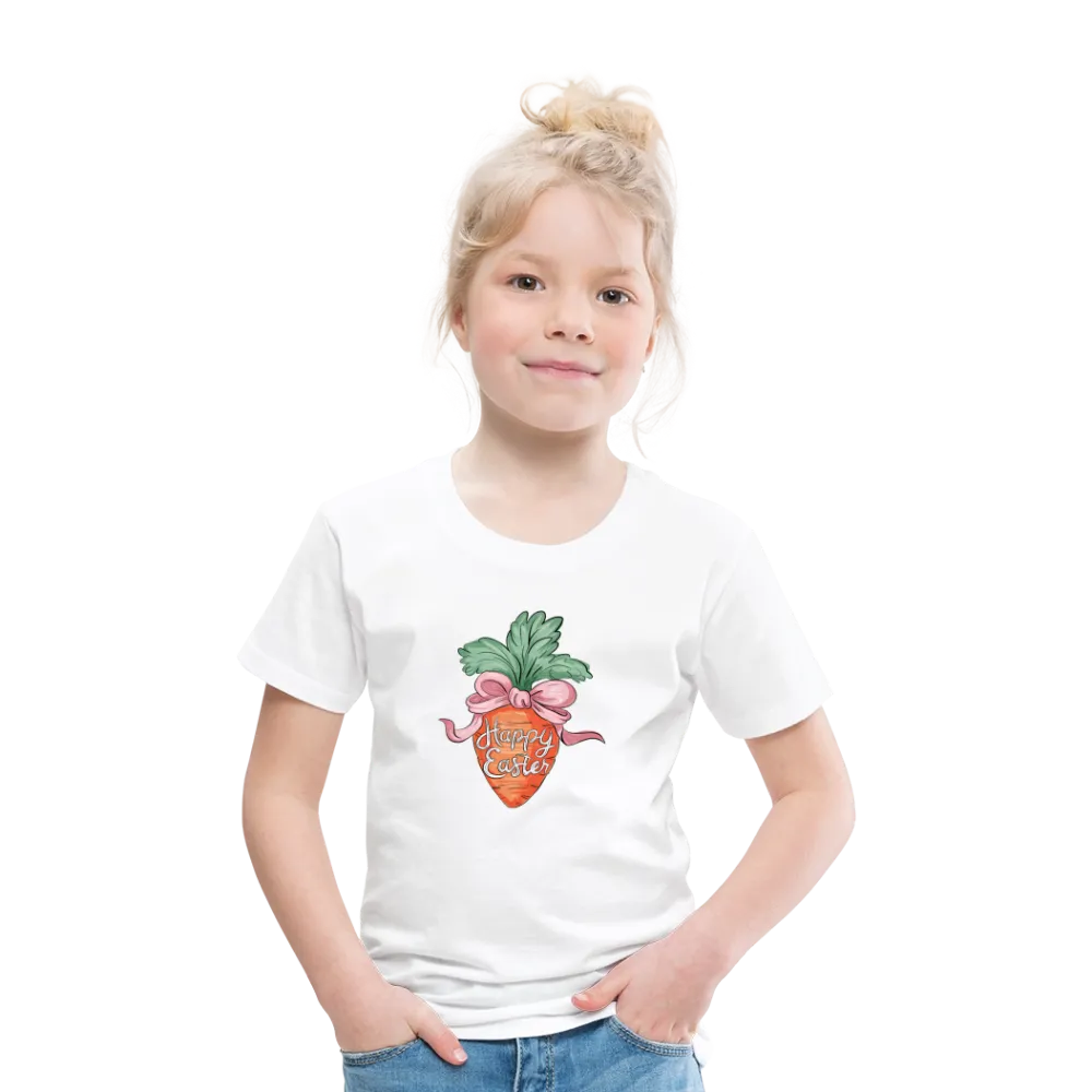 Personalisiertes Frohe Ostern Kinder T-Shirt mit Karotte, Masche und Spruch "Happy Easter" - cooles Mädchen Ostershirt - Motiv, Produkt, Text und eigene Bilder easy anpassbar - in vielen Farben und Größen (bis Größe 140 bzw. 8 Jahre) -