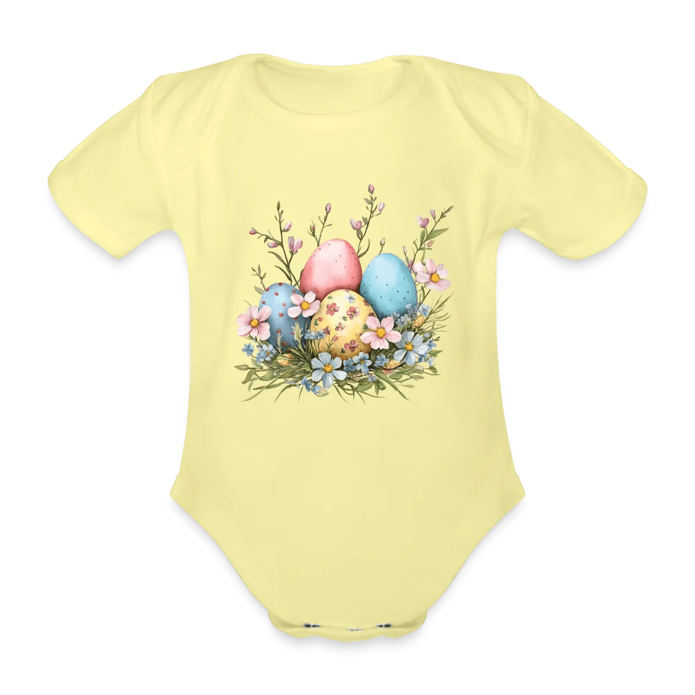 happy-prints.eu - Personalisierter Baby Bio-Kurzarm-Body für Mädchen mit Osternest mit Ostereier und Blumen - Babybody für Ostern - in vielen Farben und Größen - Motiv und Text individualisierbar