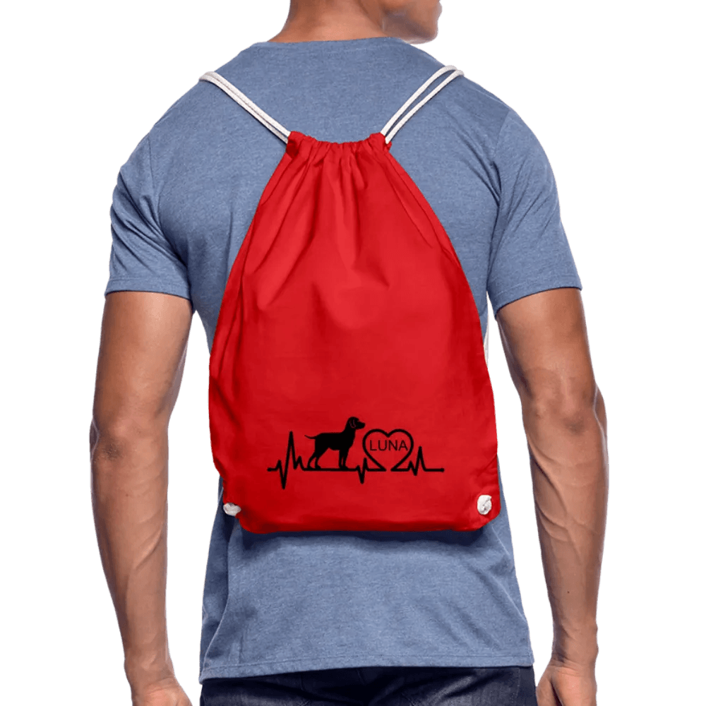 happy-prints.eu - Personalisierter Turnbeutel mit Hund, Herz und Herschschlaglinie - Text, Bild, Motiv und Farbe individualisierbar