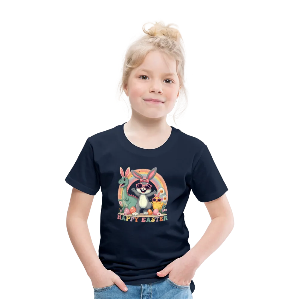 Personalisiertes Retro Frohe Ostern Kinder T-Shirt mit Osterhase Dinosaurier und Küken mit Ostereier und Spruch "Happy Easter" - Motiv, Produkt, Text und eigene Bilder easy anpassbar - viele Farben und Größen (bis Größe 140 bzw. 8 Jahre) -