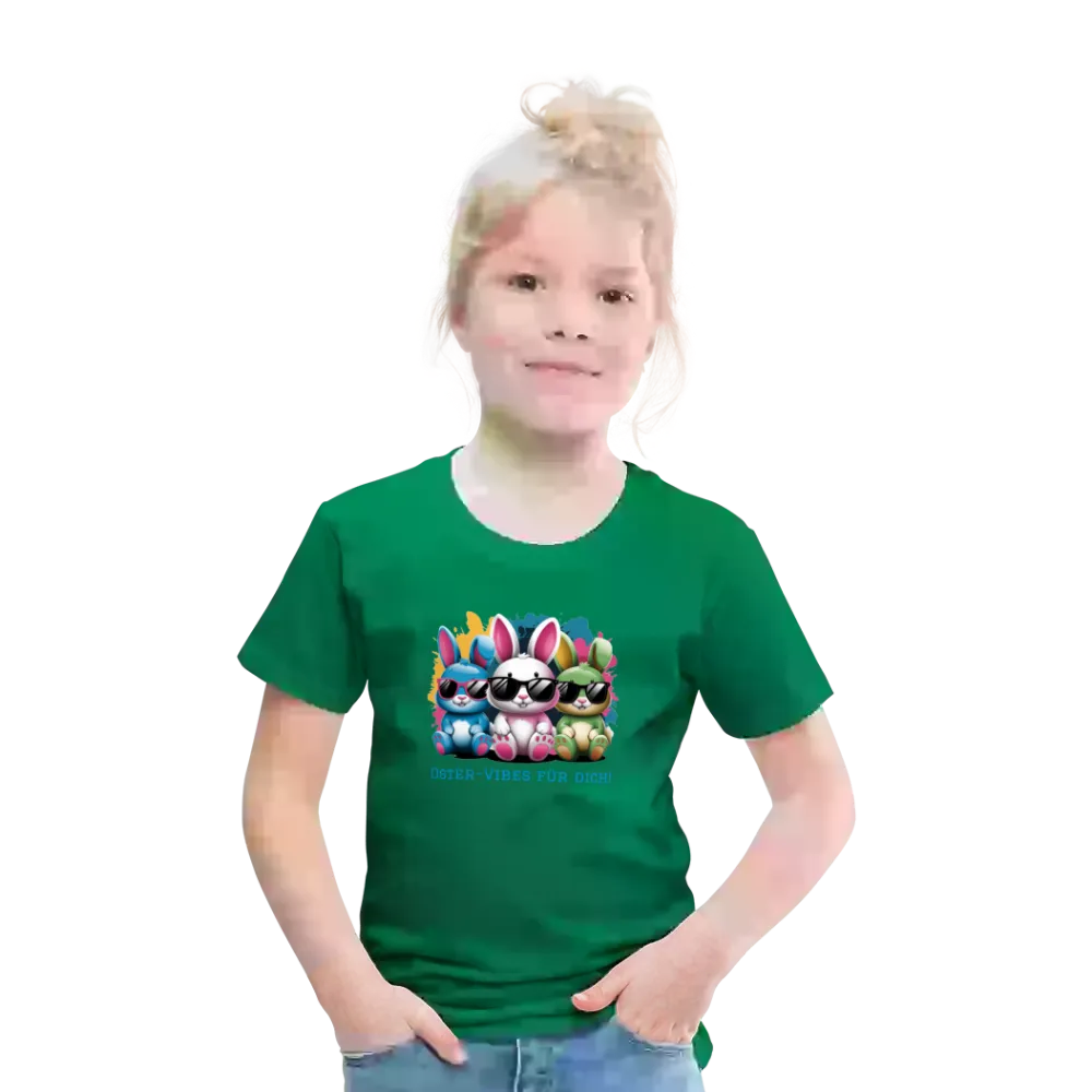 Personalisiertes Frohe Ostern Kinder T-Shirt mit Osterhasen mit Sonnenbrille und Spruch "Oster-Vibes für Dich" - Motiv, Produkt, Text und eigene Bilder easy anpassbar - viele Farben und Größen (bis Größe 140 bzw. 8 Jahre) -