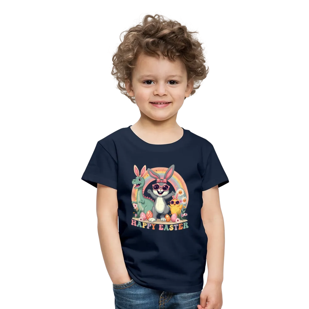 Personalisiertes Retro Frohe Ostern Kinder T-Shirt mit Osterhase Dinosaurier und Küken mit Ostereier und Spruch "Happy Easter" - Motiv, Produkt, Text und eigene Bilder easy anpassbar - viele Farben und Größen (bis Größe 140 bzw. 8 Jahre) -