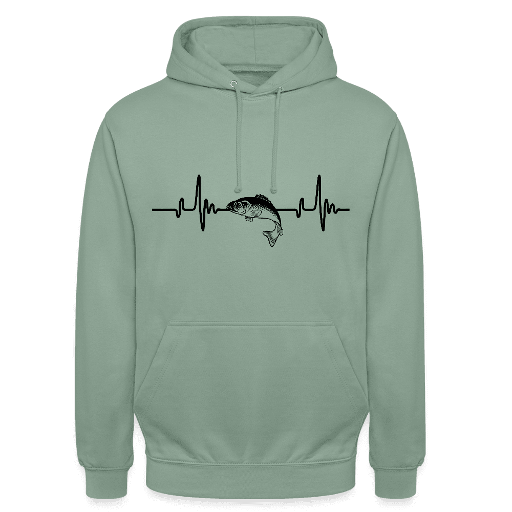 happy-prints.eu - Personalisierbarer Unisex Hoodie Mit Herzlinie und Fisch - Heartbeat Sweater für Damen und Herren - Motiv und Text änderbar - ein tolles Geschenk für Angler