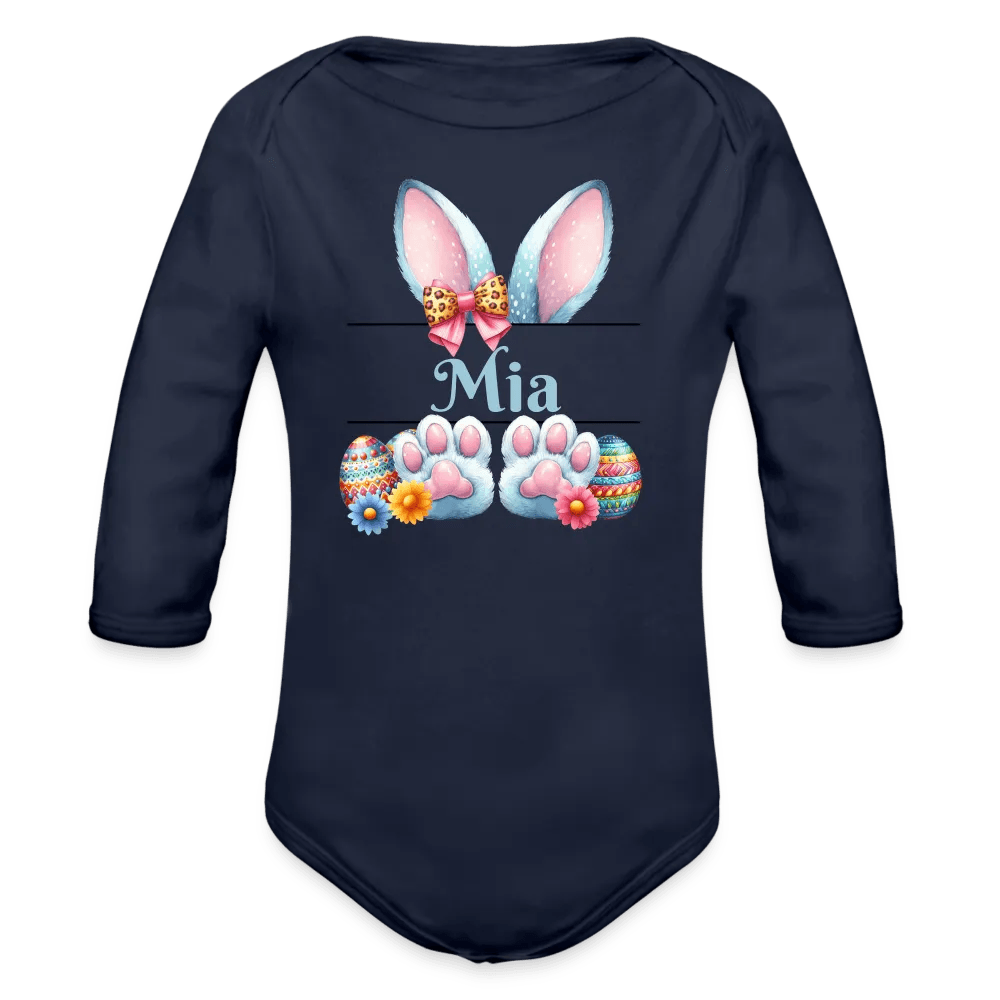 happy-prints.eu - Personalisierter Baby Bio-Langarm-Body für Ostern - Frohe Ostern Body mit Osterhasen Ohren, Ostereier und Name - niedlicher Print für Mädchen - Name, Motiv und Produkt sind leicht änderbar - in vielen Farben und Größen bis Größe 80 bzw. 12 Monate