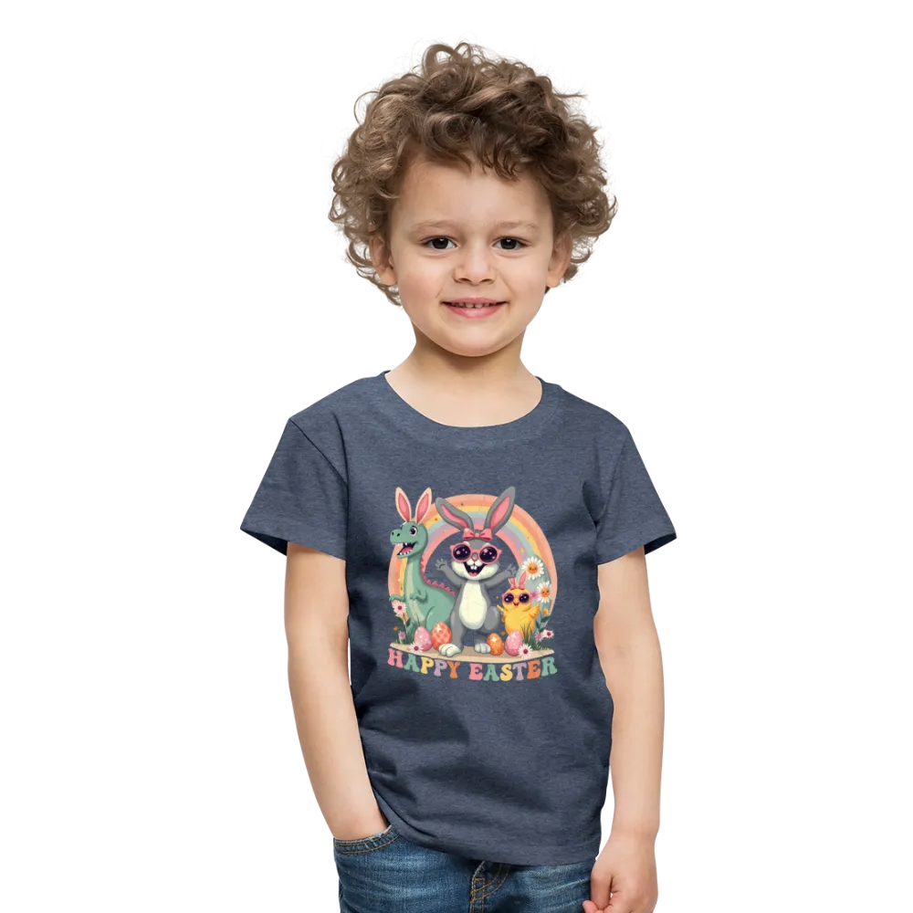 Personalisiertes Retro Frohe Ostern Kinder T-Shirt mit Osterhase Dinosaurier und Küken mit Ostereier und Spruch "Happy Easter" - Motiv, Produkt, Text und eigene Bilder easy anpassbar - viele Farben und Größen (bis Größe 140 bzw. 8 Jahre) -