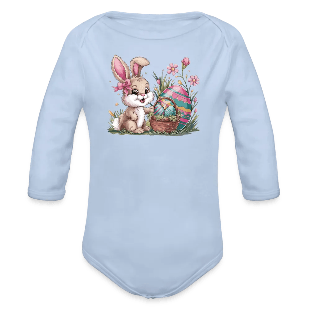 happy-prints.eu - Personalisierter Baby Bio-Langarm-Body für Ostern - Frohe Ostern Body mit Osterhase, Ostereier und Blumen - niedlicher Hase für Mädchen - Motiv, Produkt, Text und eigenes Foto ist easy einsetzbar - in vielen Farben und Größen bis Größe 80 bzw. 12 Monate