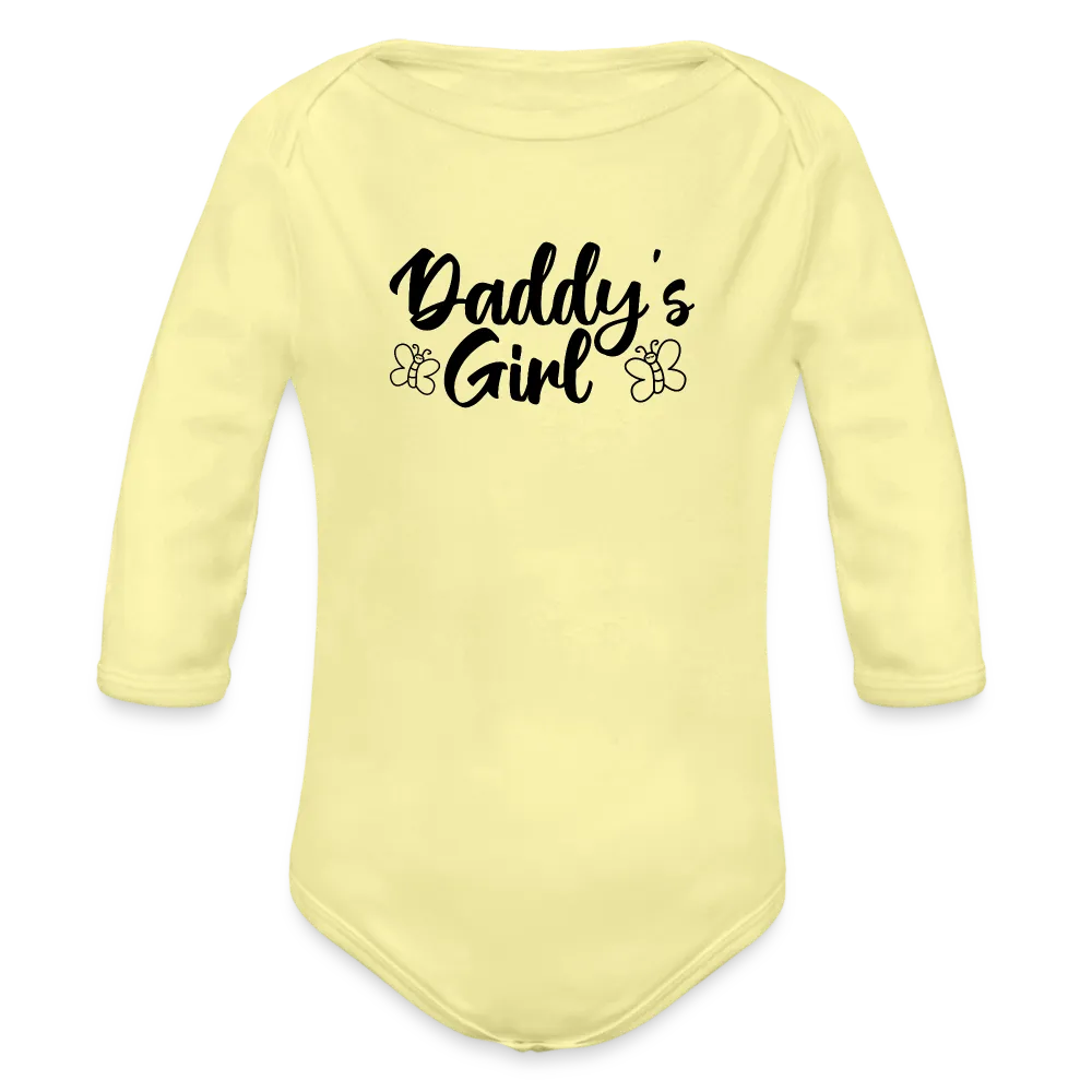 Personalisierter Mädchen Baby Bio-Langarm-Body mit Spruch "Daddys Girl" - 100% Bio Baumwolle - bis Größe 80 bzw. 12 Monate - in vielen Farben und Größen - Bild, Motiv und Text sind individualisierbar - Hellgelb