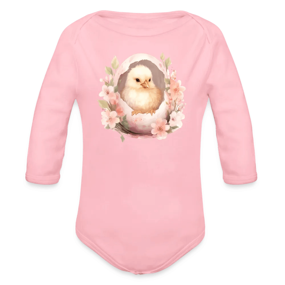 happy-prints.eu - Personalisierter Baby Bio-Langarm-Body für Ostern - niedliches Küken in der Eierschale - Motiv, Produkt, Text und eigenes Foto ist easy änderbar - in vielen Farben und Größen bis Größe 80 bzw. 12 Monate