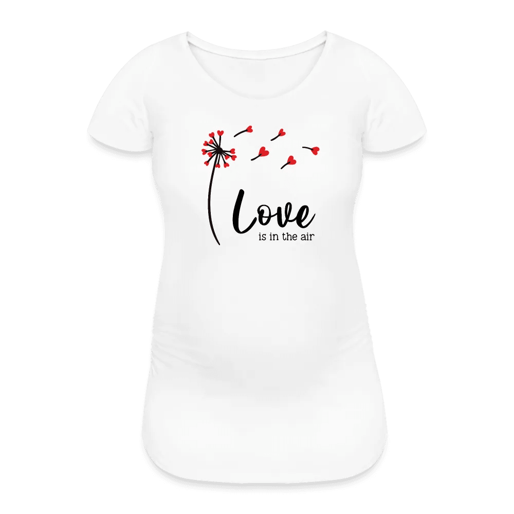 happy-prints.eu - Personalisiertes weißes Schwangerschafts-T-Shirt für Frauen mit Pusteblume und Spruch - Love is in the air - Print Shirts für werdende Mama - Motiv und Text individualisierbar - auch in großen Größen für jede Mutter