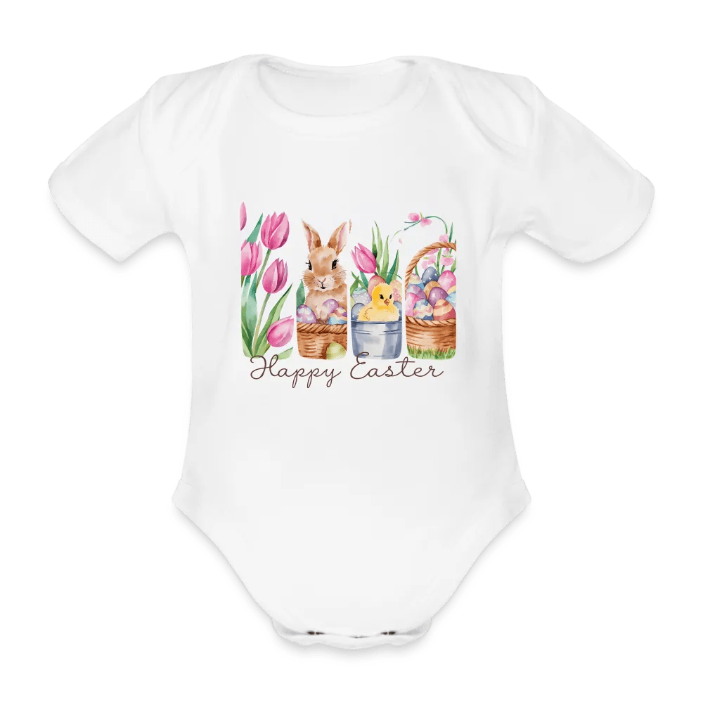 happy-prints.eu - Personalisierter Baby Bio-Kurzarm-Body für Mädchen mit Osterhasen, Kücken, Tulpen und Ostereier - Babybody für Ostern - in vielen Farben und Größen - Motiv und Text individualisierbar