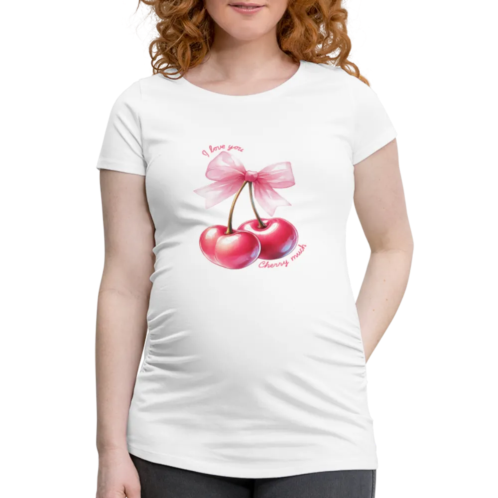 Personalisiertes weißes Schwangerschafts-T-Shirt mit rosa Kirschen und "I love you - Cherry much" - Print Motiv und Text änderbar - Damen Shirt zum Valentinstag - auch in großen Größen -
