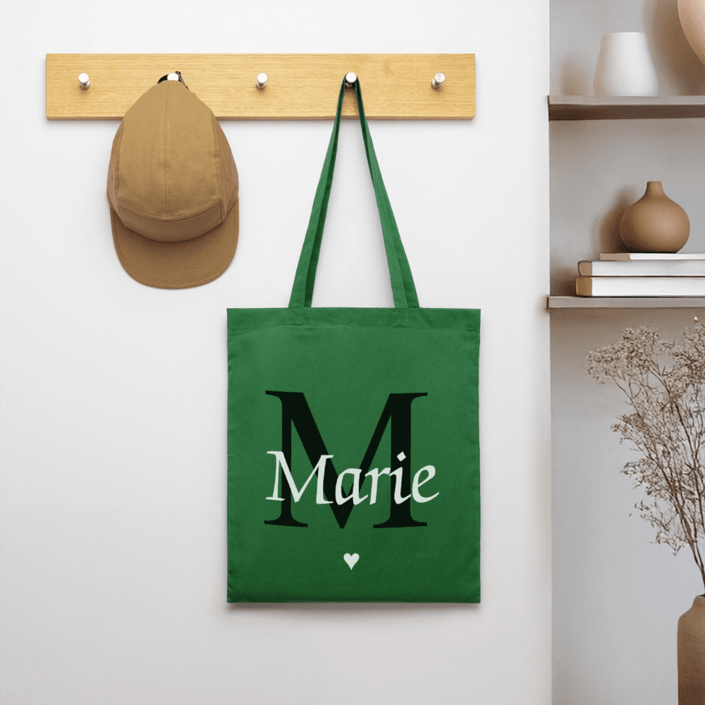 happy-prints.eu - Personalisierte Jute Stofftasche mit Initiale und Name in minimalistischem Design - Produkt, Text und Motiv easy änderbar