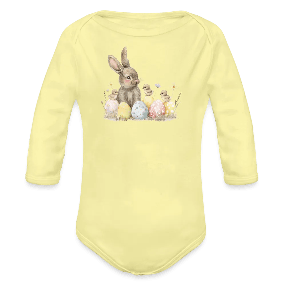 happy-prints.eu - Personalisierter Baby Bio-Langarm-Body für Ostern - Frohe Ostern Body mit Osterhase, Ostereier und Küken - niedlicher Print für Mädchen - Motiv, Produkt, Text und eigenes Foto ist easy änderbar - in vielen Farben und Größen bis Größe 80 bzw. 12 Monate