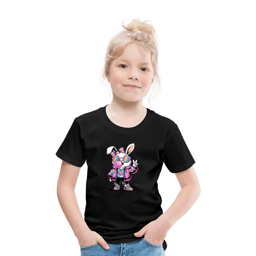 happy-prints.eu - Personalisiertes Frohe Ostern Kinder T-Shirt mit Osterhase mit Sonnenbrille, Masche und Kaugummi - niedlicher Mädchen Bunny - Motiv, Produkt, Text und eigene Bilder easy anpassbar - in vielen Farben und Größen (bis Größe 140 bzw. 8 Jahre)