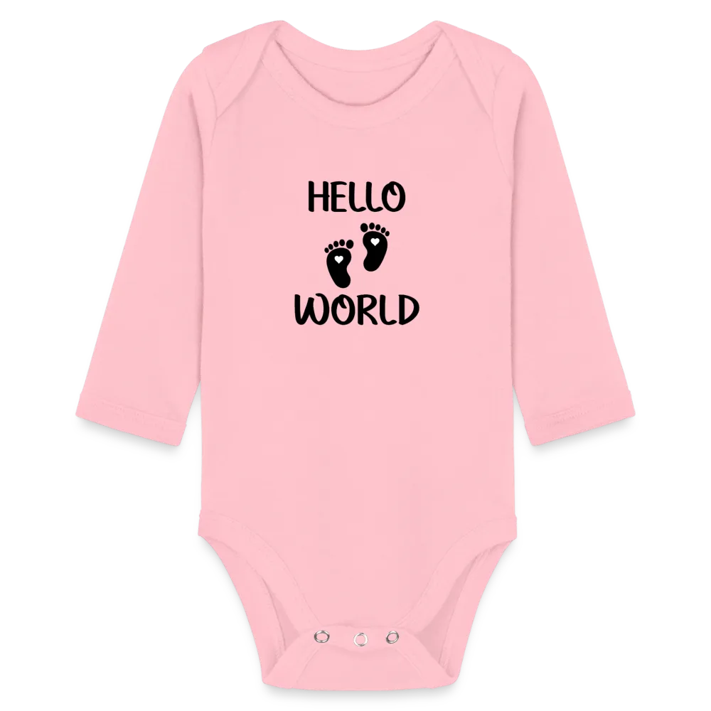 Personalisierter Unisex Baby Bio-Langarm-Body mit Babyfüßen und Spruch "Hello World" - 100% Bio Baumwolle - bis Größe 80 bzw. 12 Monate - in vielen Farben und Größen - Bild, Motiv und Text sind individualisierbar -