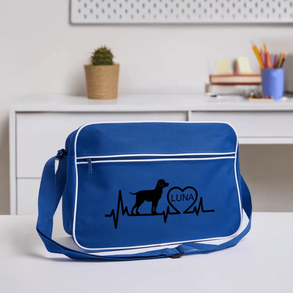 happy-prints.eu - Personalisierte Retro Tasche mit Hund, Herzschlaglinie und Herz mit Name - Text, Bild, Motiv und Farbe individualisierbar