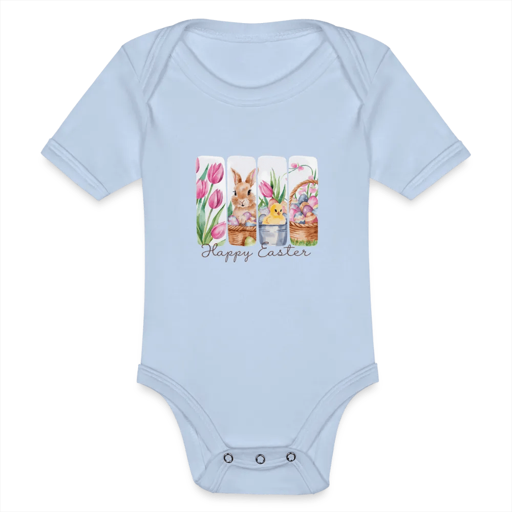 happy-prints.eu - Personalisierter Baby Bio-Kurzarm-Body für Mädchen mit Osterhasen, Kücken, Tulpen und Ostereier - Babybody für Ostern - in vielen Farben und Größen - Motiv und Text individualisierbar