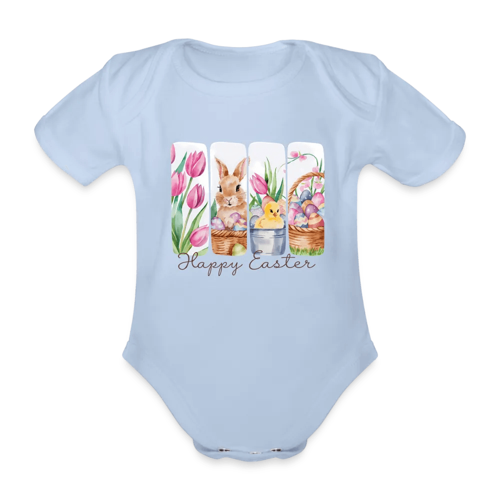 happy-prints.eu - Personalisierter Baby Bio-Kurzarm-Body für Mädchen mit Osterhasen, Kücken, Tulpen und Ostereier - Babybody für Ostern - in vielen Farben und Größen - Motiv und Text individualisierbar