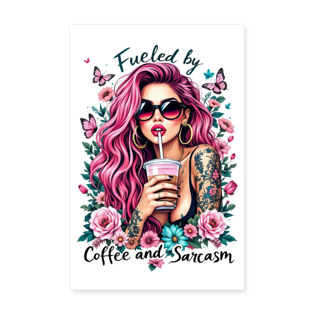 Personalisiertes Poster mit Mädchen und Spruch "Fueled by coffee and sarcasm" - 20x30 cm - Motiv, Bild, Text und Produkt einfach änderbar - Weiß One size