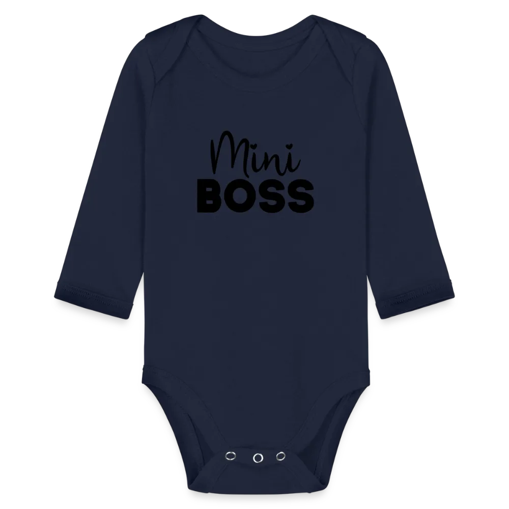 Personalisierter Unisex Baby Bio-Langarm-Body mit Spruch "Mini Boss" - 100% Bio Baumwolle - bis Größe 80 bzw. 12 Monate - in vielen Farben und Größen - Bild, Motiv und Text sind individualisierbar -