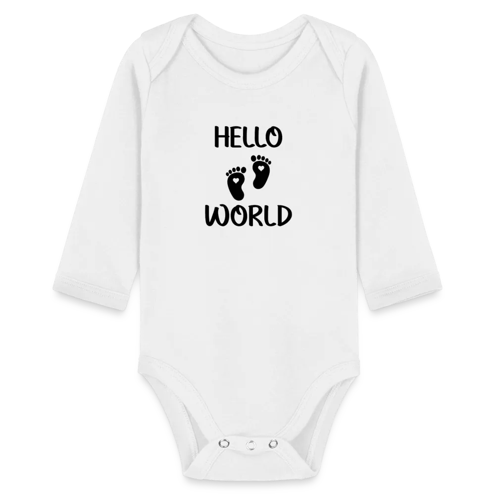 Personalisierter Unisex Baby Bio-Langarm-Body mit Babyfüßen und Spruch "Hello World" - 100% Bio Baumwolle - bis Größe 80 bzw. 12 Monate - in vielen Farben und Größen - Bild, Motiv und Text sind individualisierbar -