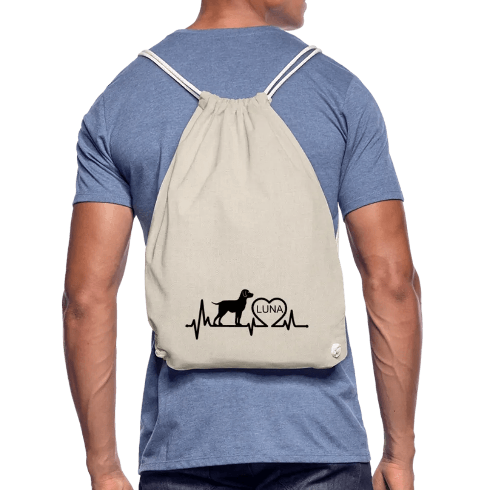 happy-prints.eu - Personalisierter Turnbeutel mit Hund, Herz und Herschschlaglinie - Text, Bild, Motiv und Farbe individualisierbar